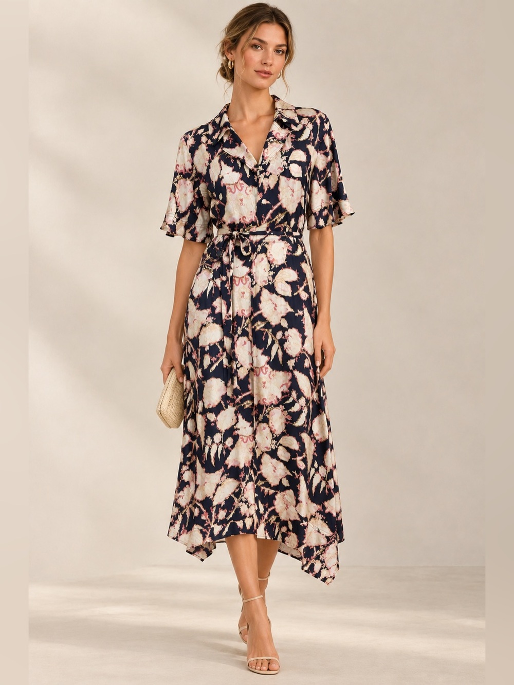 A.L.C. Emery Navy Floral Belted Ruffle Sleeve Asymmetrical Midi Dress size 0